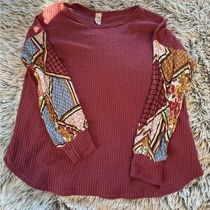 7th Ray Maroon Top with Colorful Patchwork Sleeves
